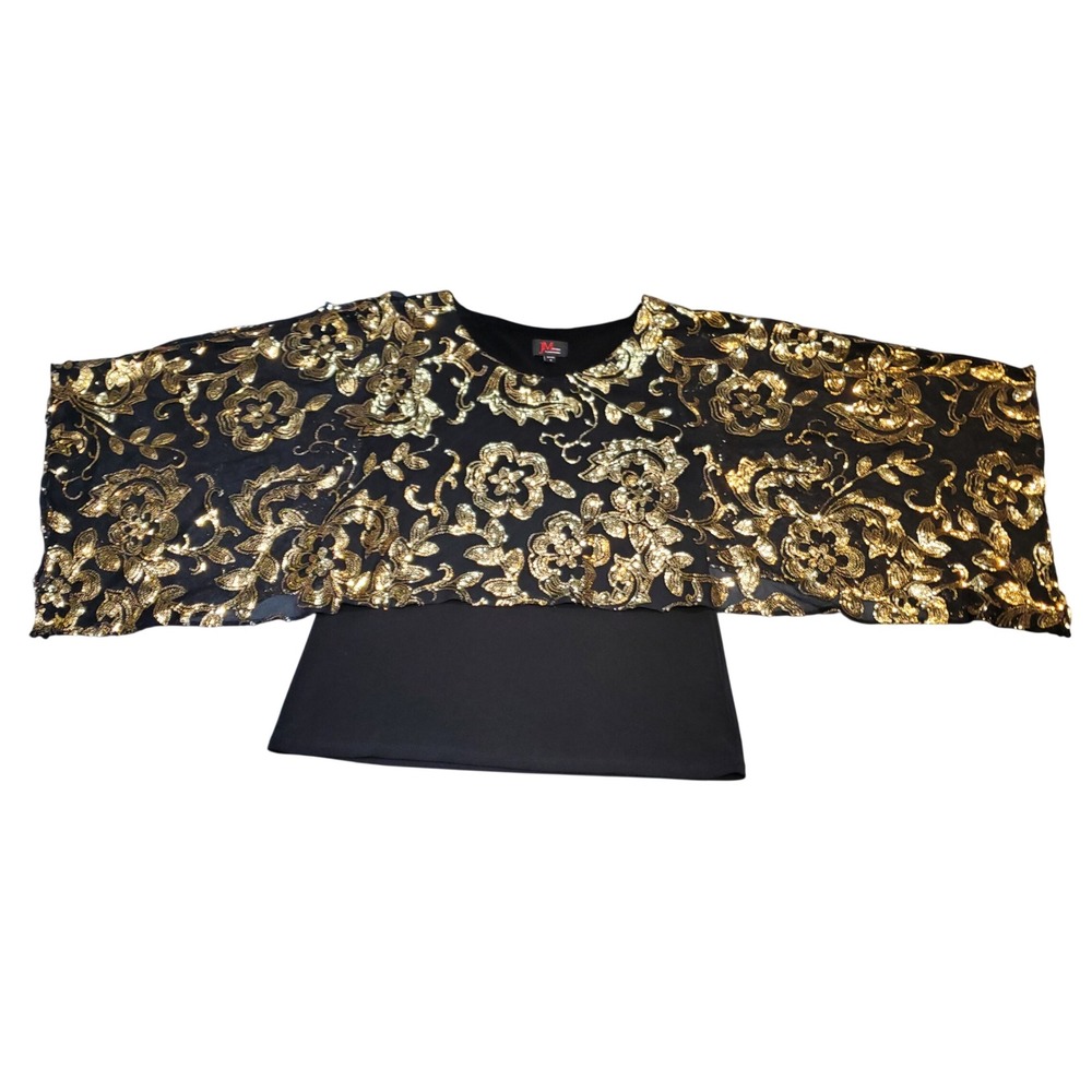 JM Studio by John Meyer Black Gold Sequin Floral Evening‎ Top Blouse Size S Gala